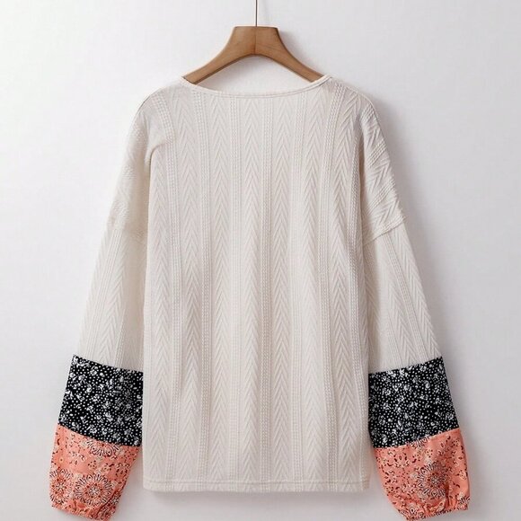 Beige Casual Women's multi Pattern Long Sleeve Loose V-Neck Pullover top - Picture 5 of 8